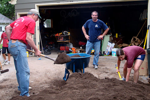 Raised Garden - Dad, Uncle Jay and Dee Moving Dirt