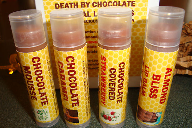 Natural Lip Balm - Almond Bliss, Chocolate Caramel, Chocolate Covered Strawberry and Chocolate Mousse