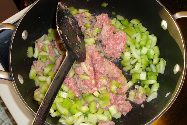 Sausage Apple Stuffing - Celery in Pan