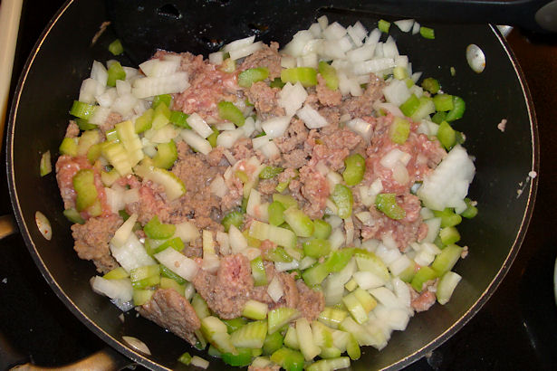 Sausage Apple Stuffing - Onion in pan