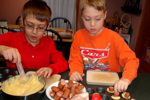 Mini Corndog Muffins - Boys Assembling the Muffins