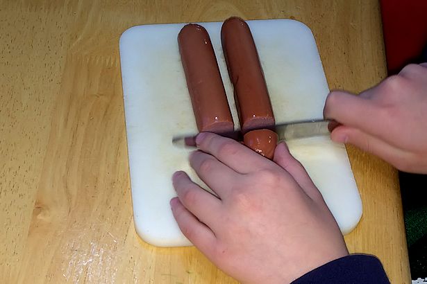 Hot Dog Squid Recipe - Cutting the Hot Dogs